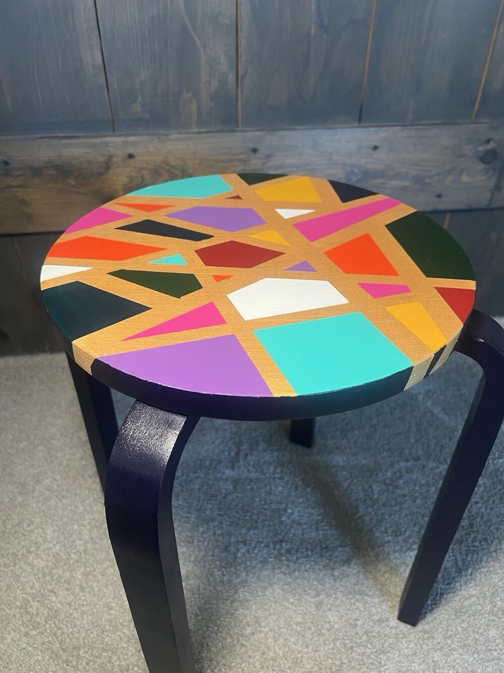 Hand-Painted Side Table Unique Colorful Navy Blue Legs Gold Geometric Boho Retro